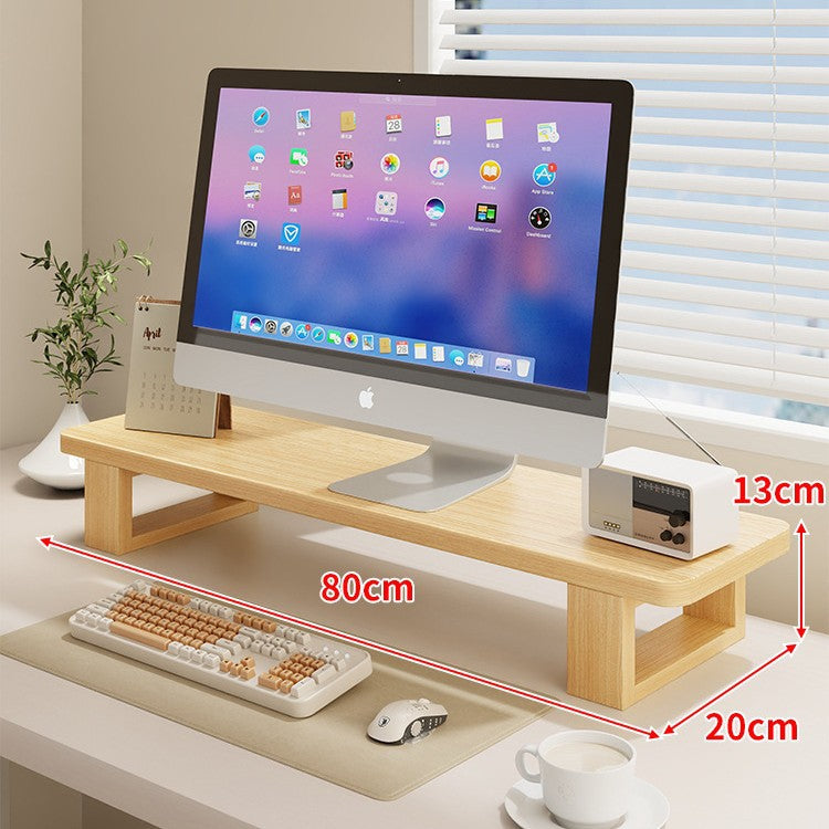 Wide Wooden Monitor Riser Shelf with Under-Shelf Storage and Cable Management