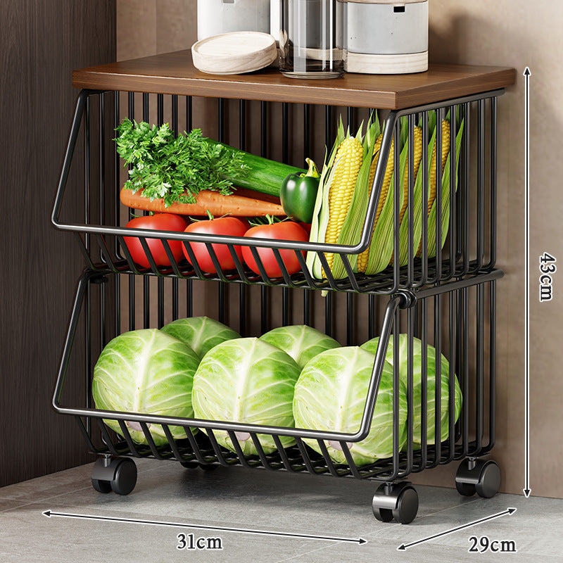 Slim Vertical Rolling Wire Produce and Pantry Organizer Cart with Wood Top
