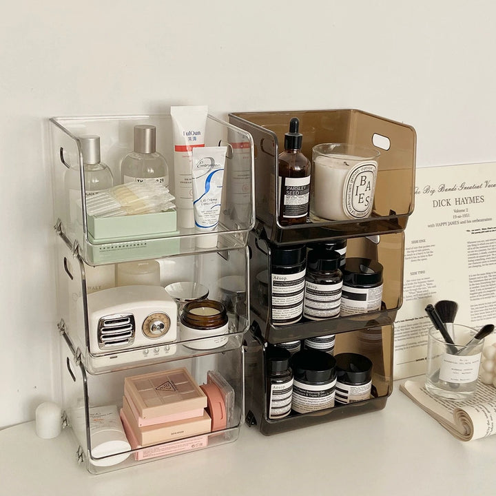 Acrylic kitchen organizer, stackable transparent storage shelf with handles