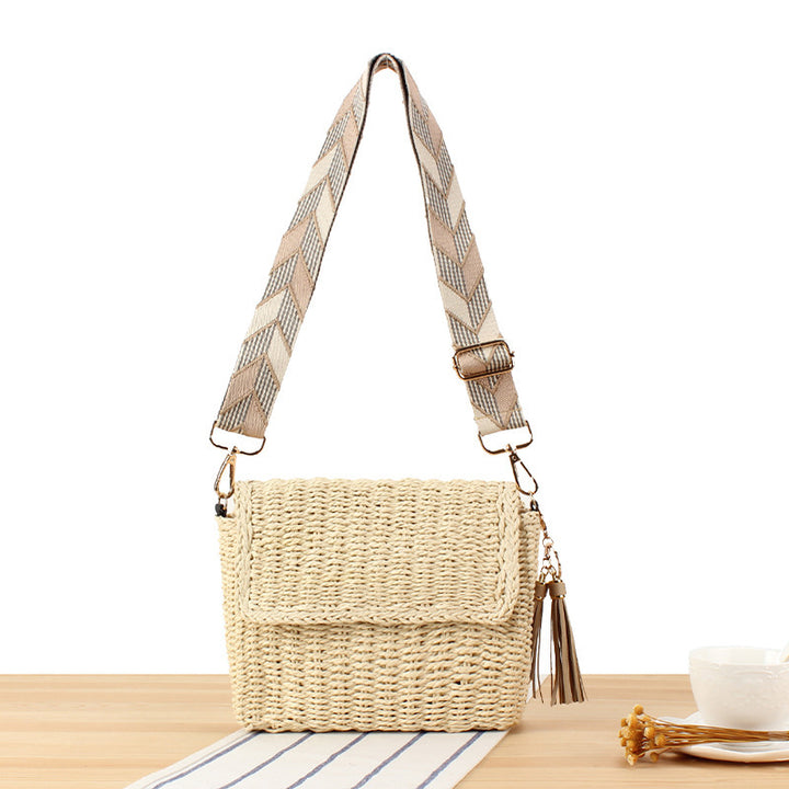 Woven Raffia Shoulder Bag with Decorative Shoulder Strap Kalsten