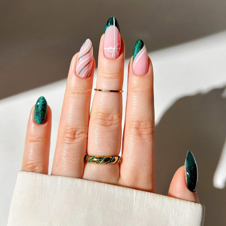 Decorative Press-On Nail Set with Glitter and Striped Design kalsten