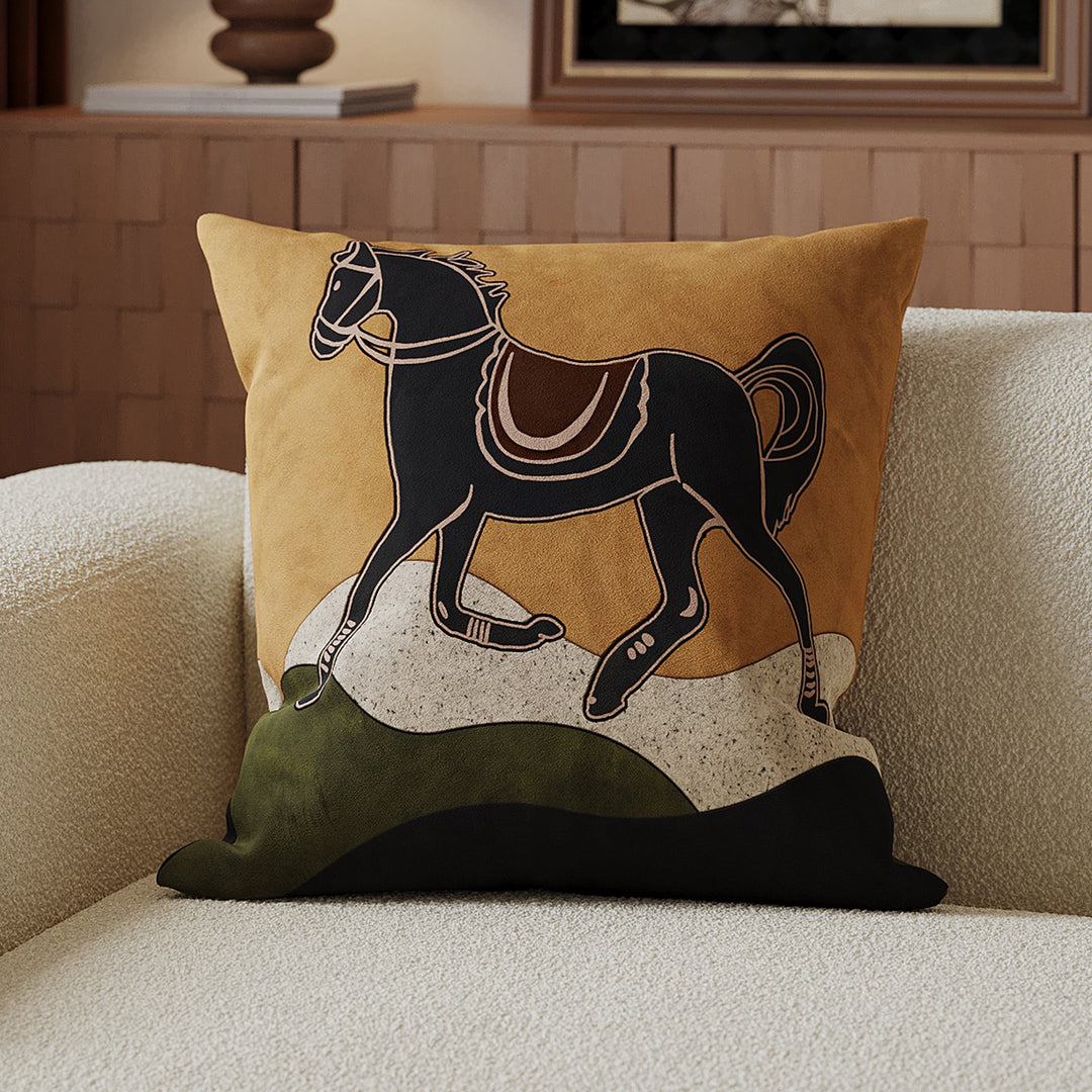 Decorative Velvet-Front Throw Pillow Cover with Unicorn Motif and Contrast Piped Edge