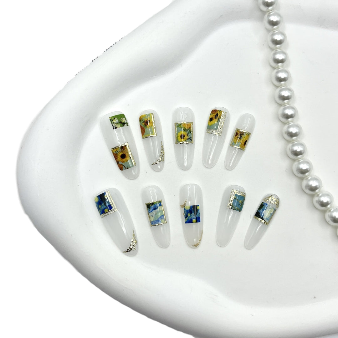 Artistic Press-On Nail Set with Floral and Scenic Designs