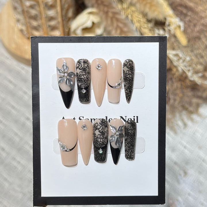 Artistic Stiletto Press-On Nail Set with Floral and Geometric Accents Kalsten