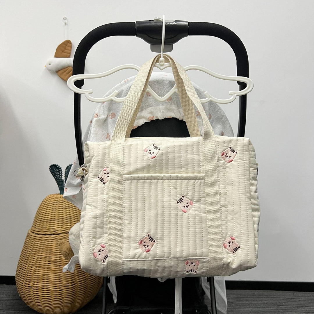 Quilted Convertible Diaper Backpack with Embroidered Animal Appliqué and Stroller Hook