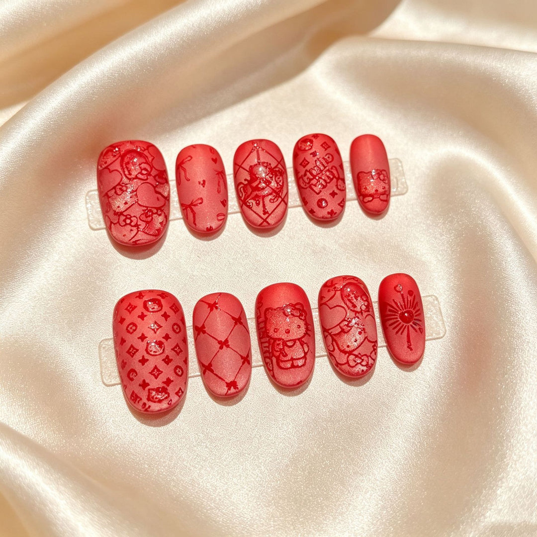 Artistic Press-On Nail Art Set with Playful Designs