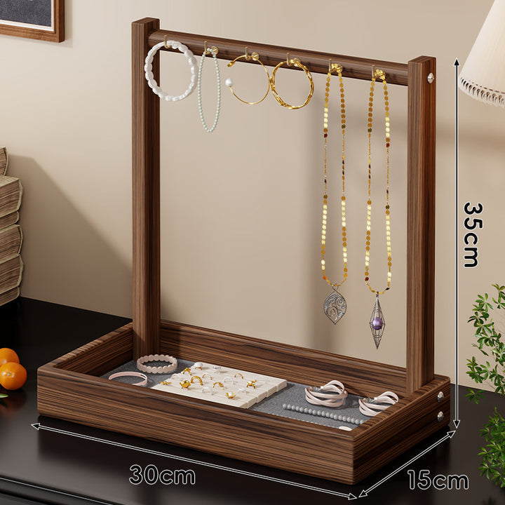 Wooden Jewelry Display and Tray Organizer with Hanging Bar and Ring Slots