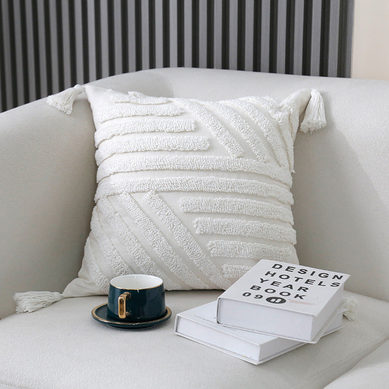 Boho Textured Tufted Cotton Throw Pillow with Diamond Geometric Tufting and Corner Tassels