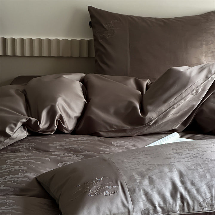 Luxurious cotton satin bedding set with fine jacquard floral relief and silky finish