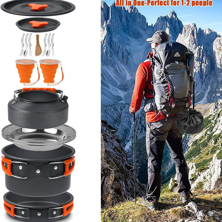 lightweight nonstick anodized aluminum camping cookware set with folding-handle pot and kettle, collapsible silicone cups, stainless plates and cutlery Kalsten