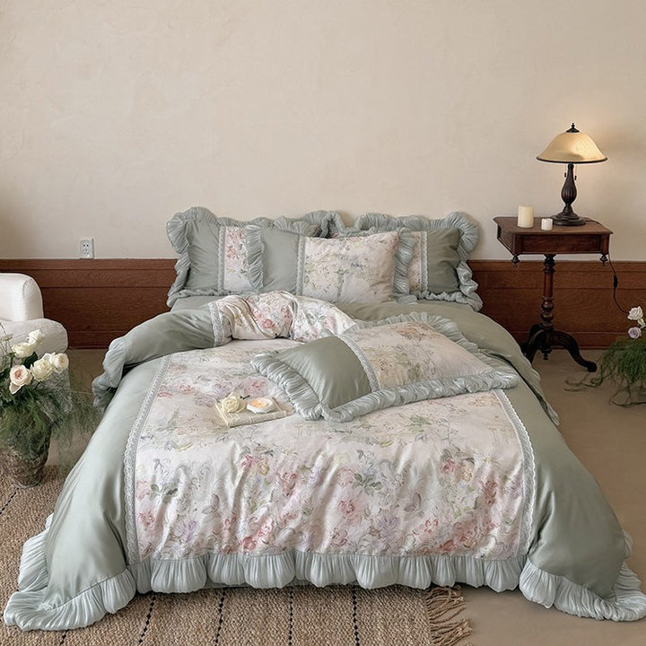 Luxury bed set with pleated ruffle, lace trim and floral watercolor print