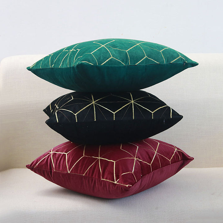 Embroidered Velvet Geometric Square Throw Pillow Cover with Metallic Stitching