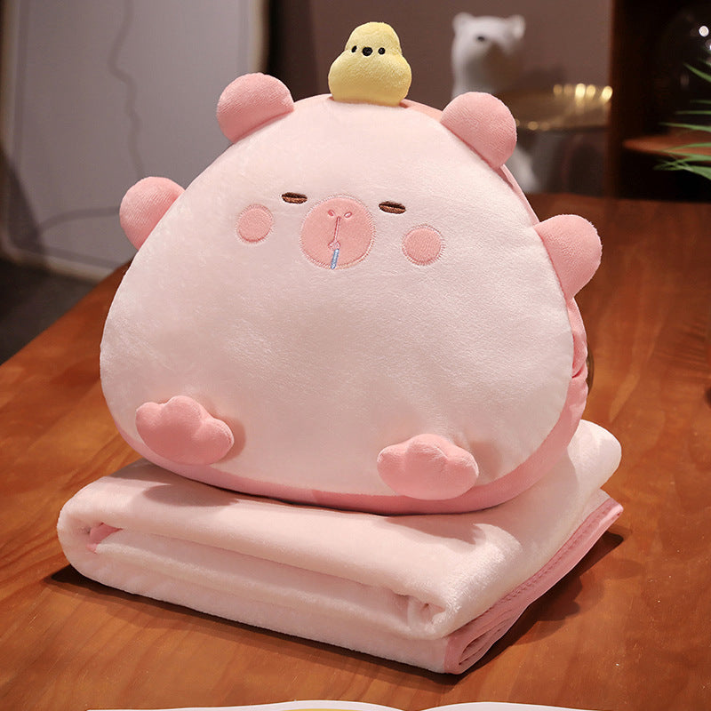 Plush cuddle pillow with integrated microfiber throw blanket in cute animal design