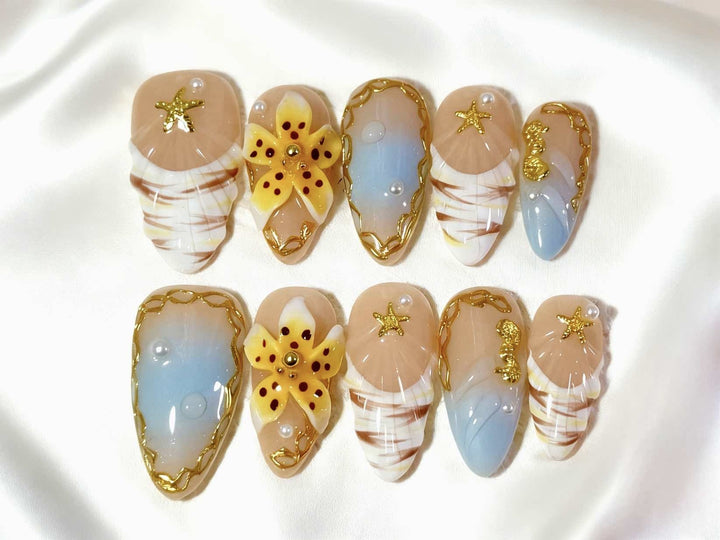 Artistic Press-On Nail Set with Floral and Green Accents