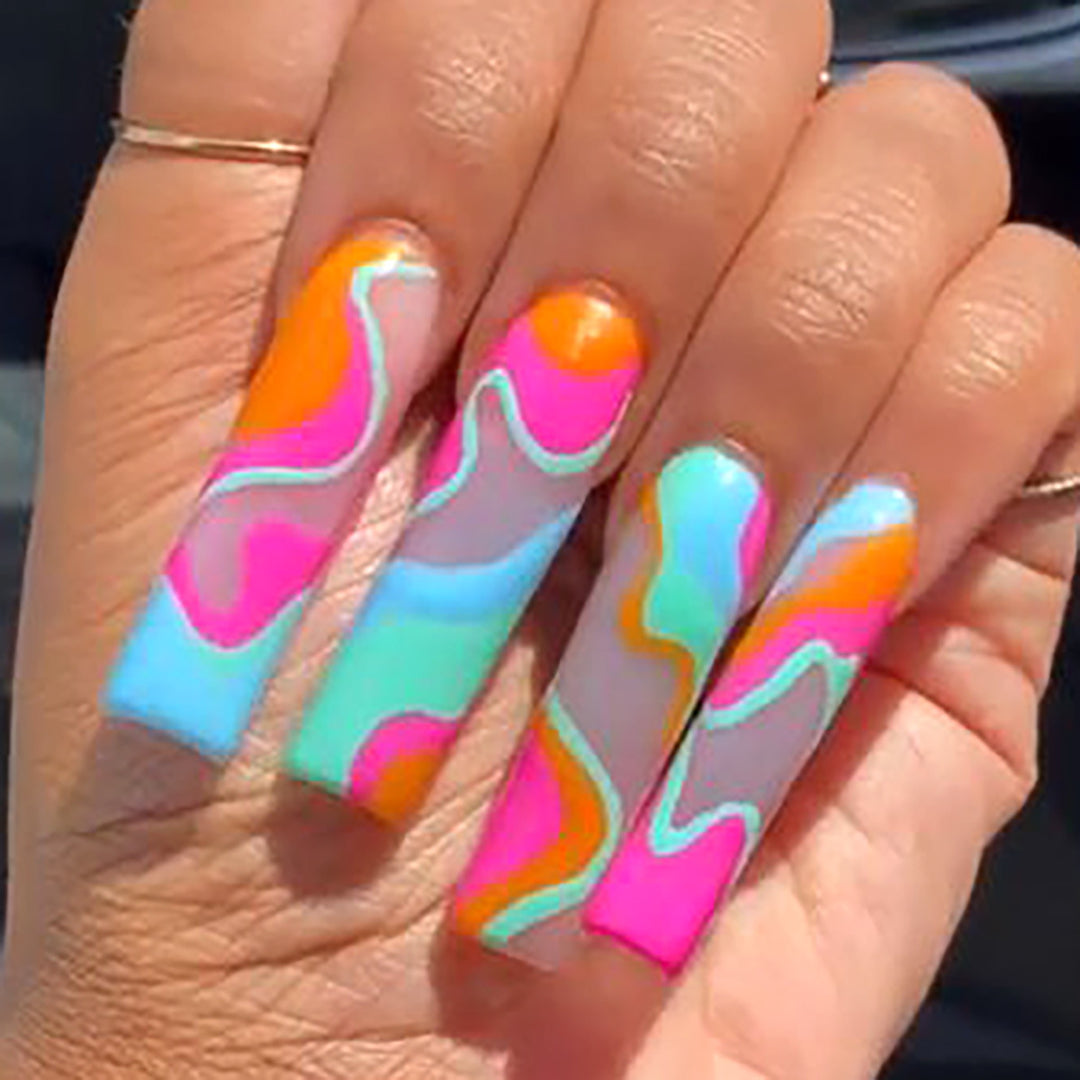 Artistic Long Press-On Nails with Colorful Abstract Design Kalsten