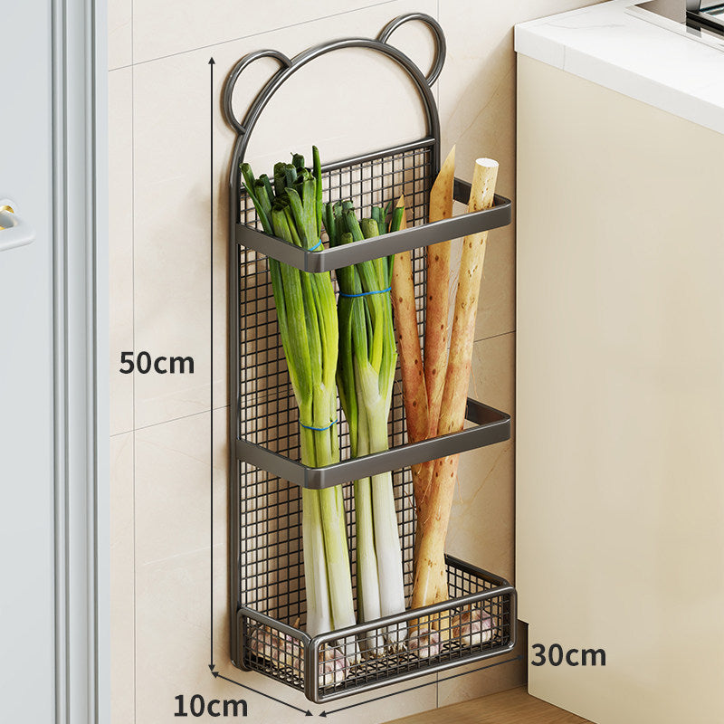 Wall-Mounted Vertical Mesh Produce Storage Rack with Three Tier Shelves and Bear-Ear Decorative Top