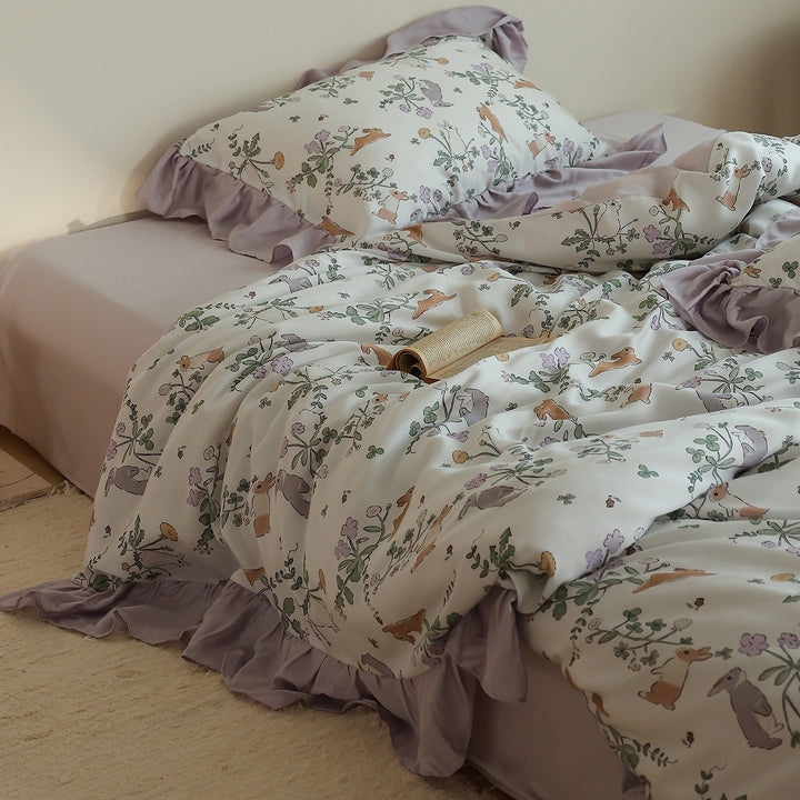 Bedding set made of cotton satin with textured brush print and reversible function