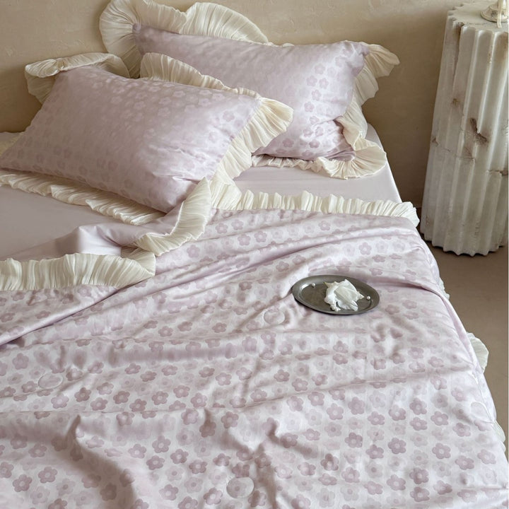 Satin comforter set with pleated ruffles and fine jacquard floral texture