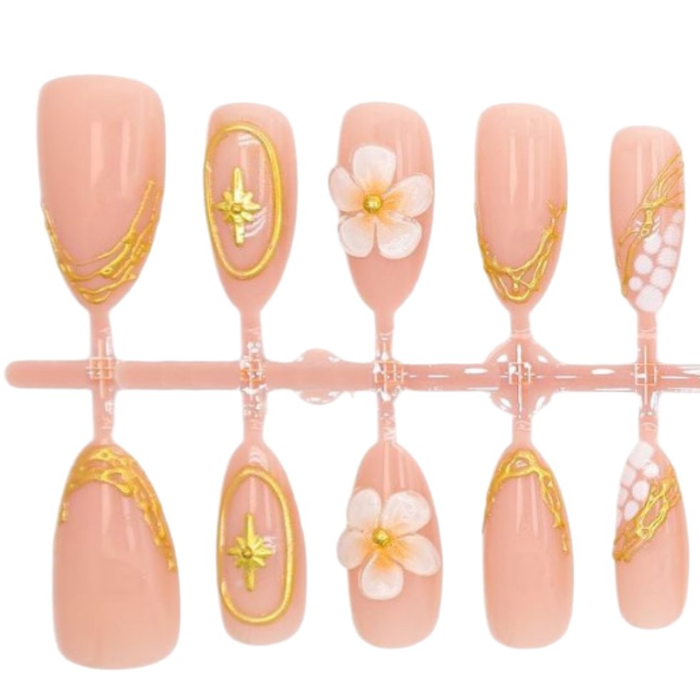 Artificial nail set with elegant flower and gold decorations Kalsten