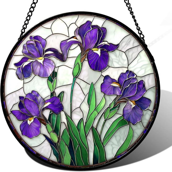 Round Stained Glass Suncatcher Window Panel With Purple Iris Tiffany-Style Leaded Art Glass