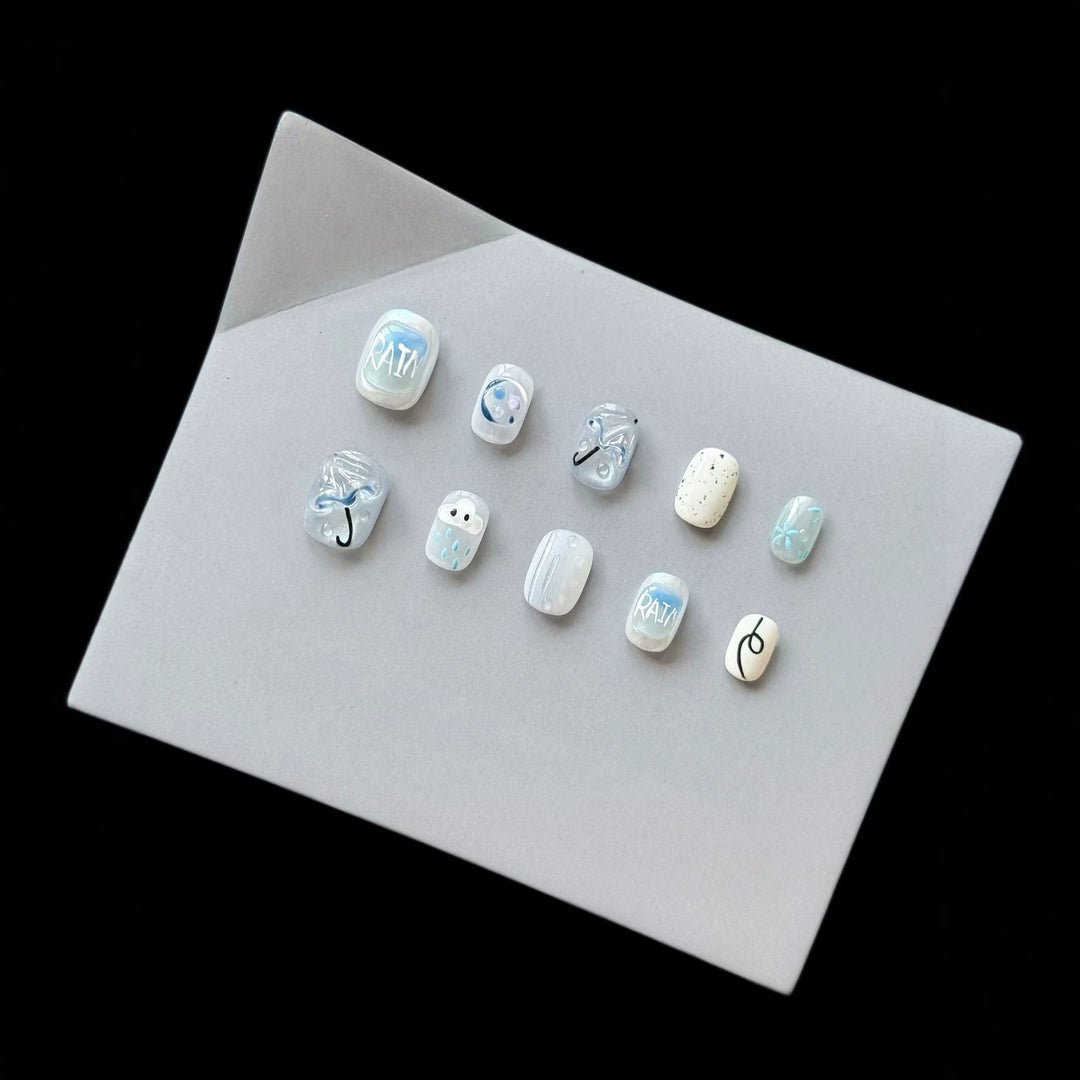 Artistic Press-On Nail Set with Rain Theme