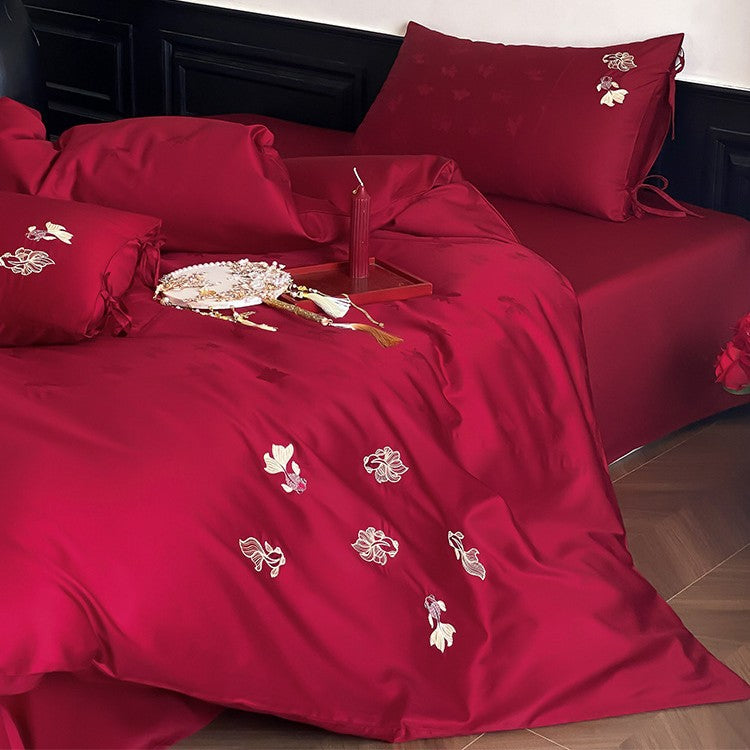 Luxurious satin bedding set with fine floral embroidery
