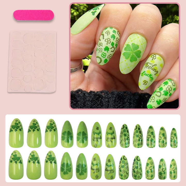 Art nail set with cheerful clover designs and casual lettering motifs Kalsten