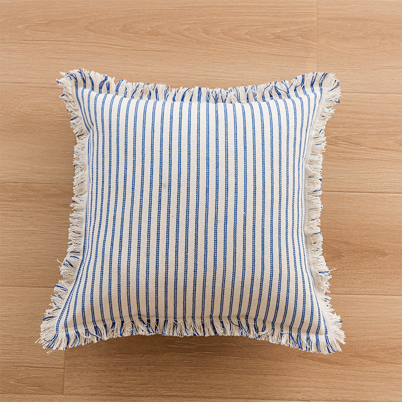 Square Coastal-Stripe Fringed Accent Pillow Cover with Hidden Zip and Textured Weave