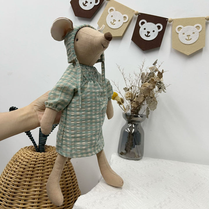 Handcrafted Linen Elephant Plush Doll with Long Limbs and Polka Dot Cotton Dress