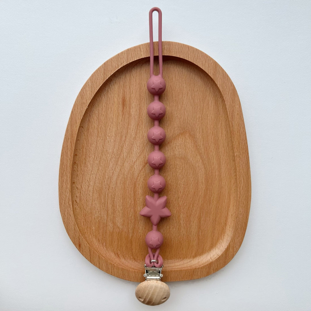Silicone Star-Bead Pacifier and Teether Clip with Wooden Safety Clamp