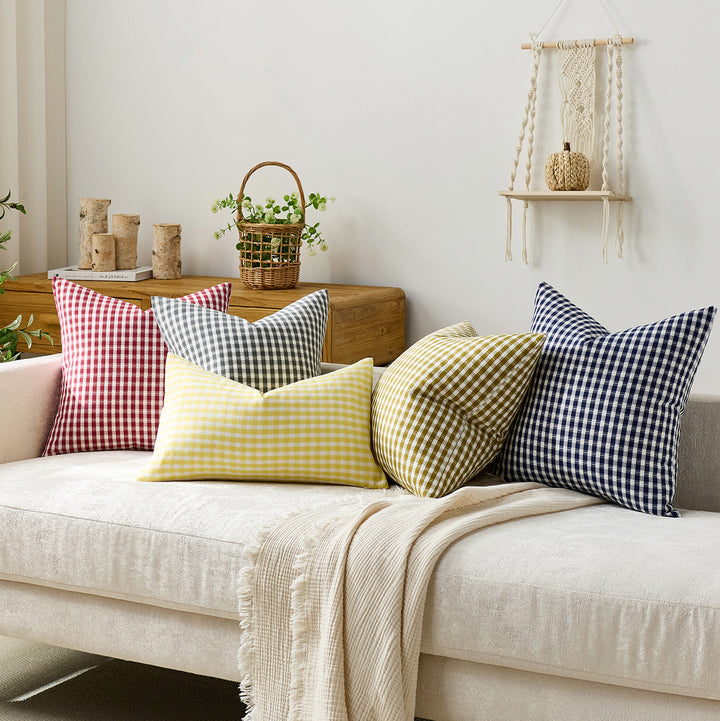 Gingham Cotton-Linen Square Throw Pillow Covers with Hidden Zipper Pair