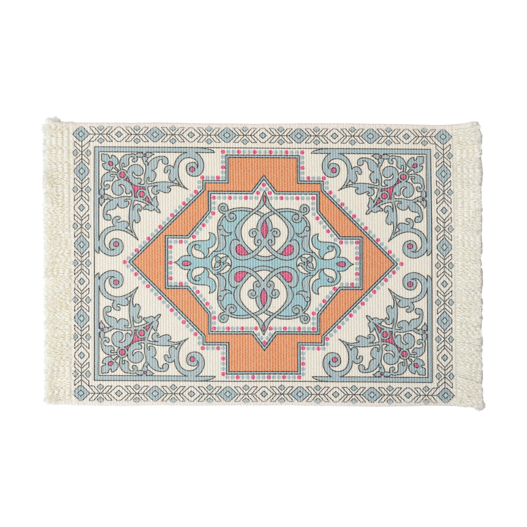 Smaller woven vintage oriental rug with floral medallion design and fringe