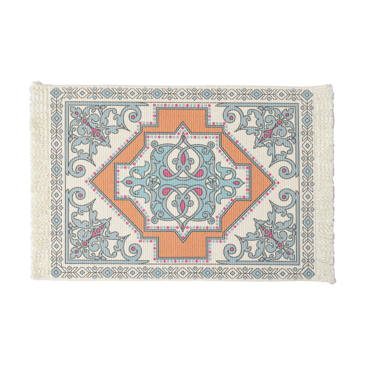 Smaller woven vintage oriental rug with floral medallion design and fringe