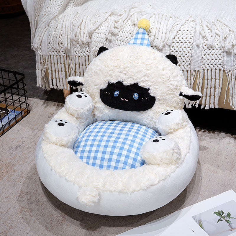 Padded children's armchair made of plush with a high backrest, armrests, and removable checkered seat cushion in sheep design