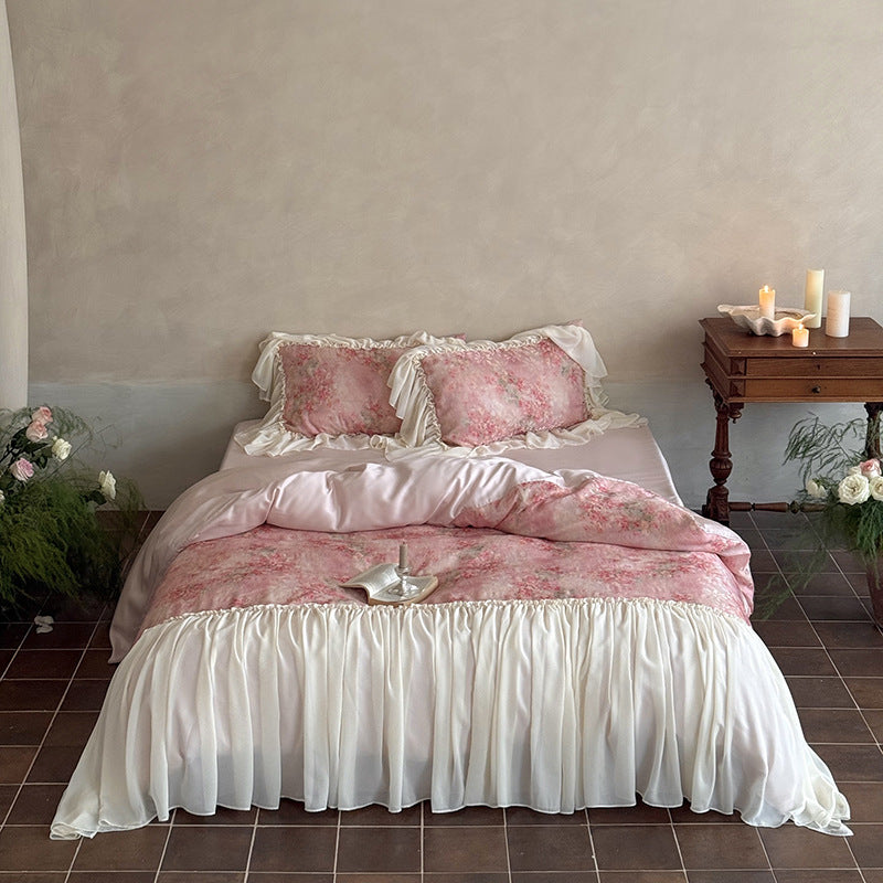 Romantic satin bedding set with floral watercolor print and lavish chiffon ruffle