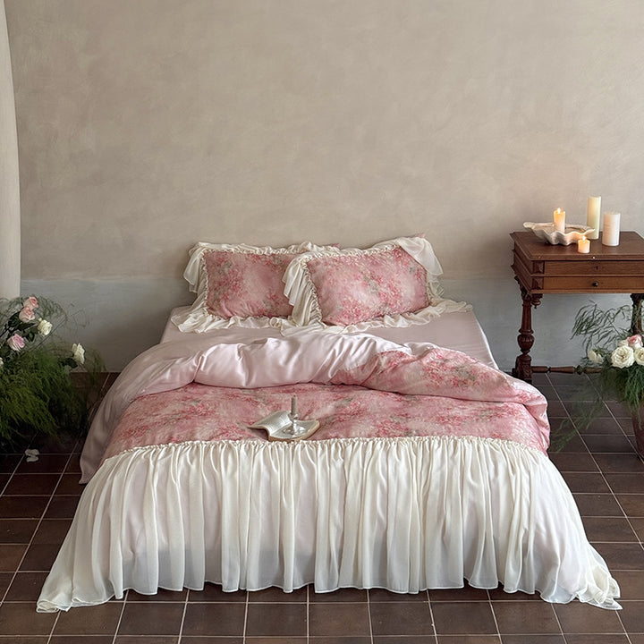 Romantic satin bedding set with floral watercolor print and lavish chiffon ruffle