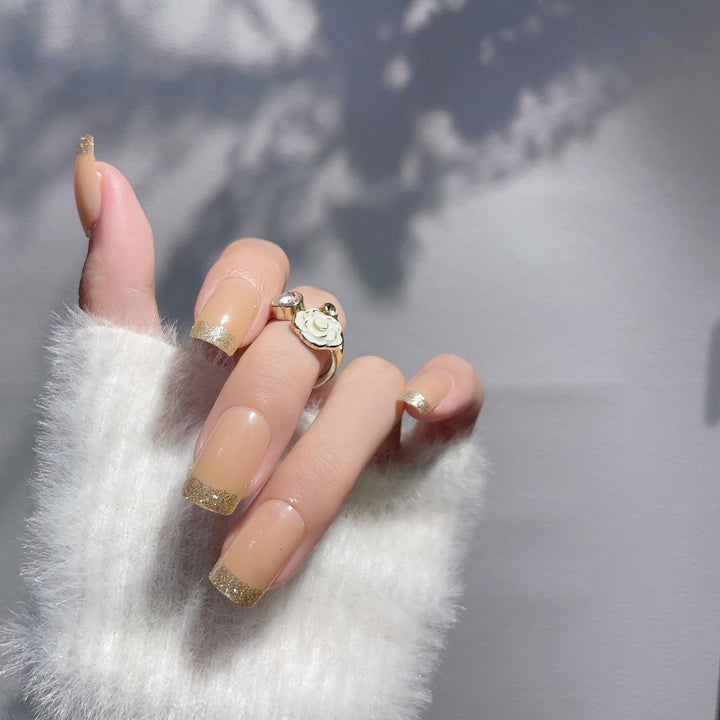 Elegant French Tip Press-On Nails Set with Glitter Accents