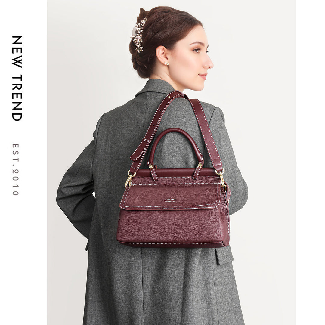 Top-Handle Pebbled Leather Satchel with Contrast Stitching