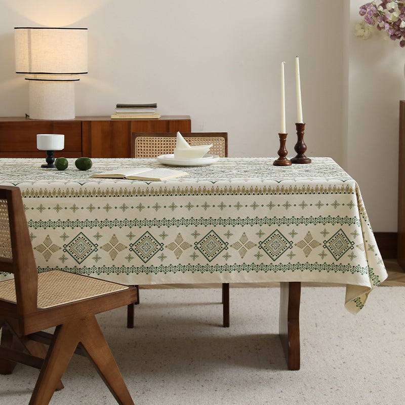 Rectangular Decorative Tablecloth made of Cotton-Linen with Woven Diamond Pattern and Antique-Inspired Border