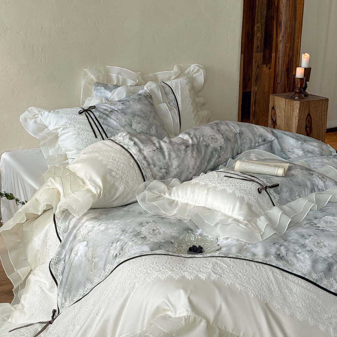 luxurious romantic bedding set with lace trim and ruffles