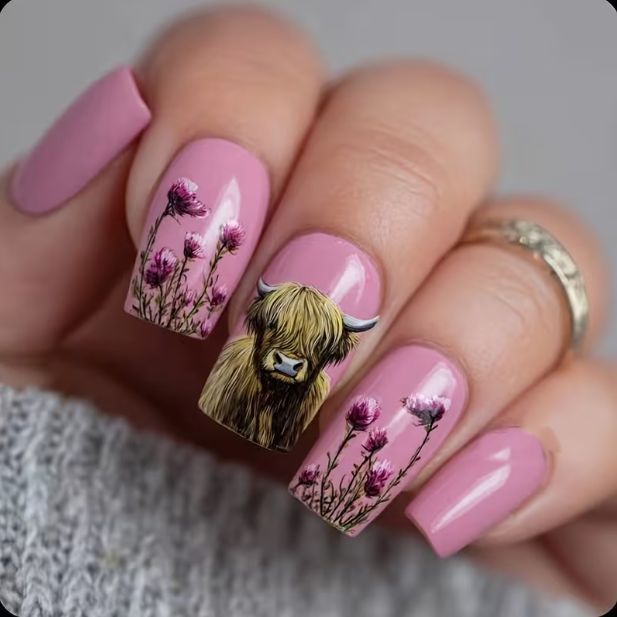 Floral-Themed Highland Cattle Nail Art Kalsten