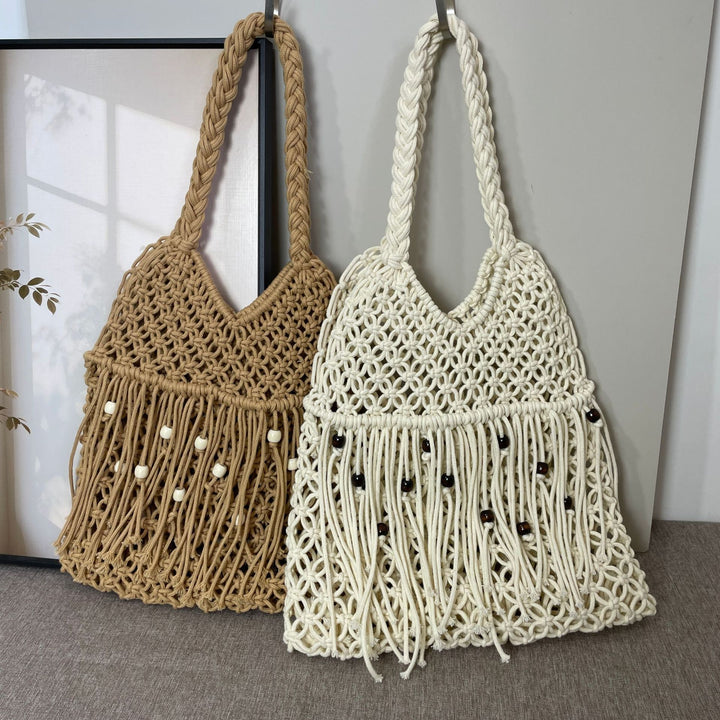 Macramé bag with long fringes and wooden beads Kalsten