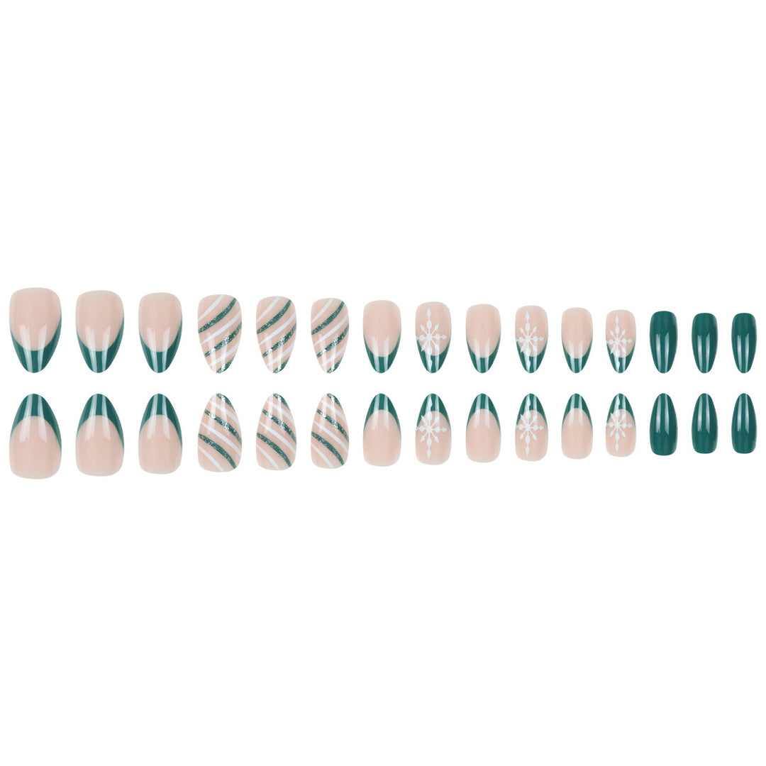 Premium Stiletto Press-On Nail Art Set with Snowflake and Striped Design Kalsten