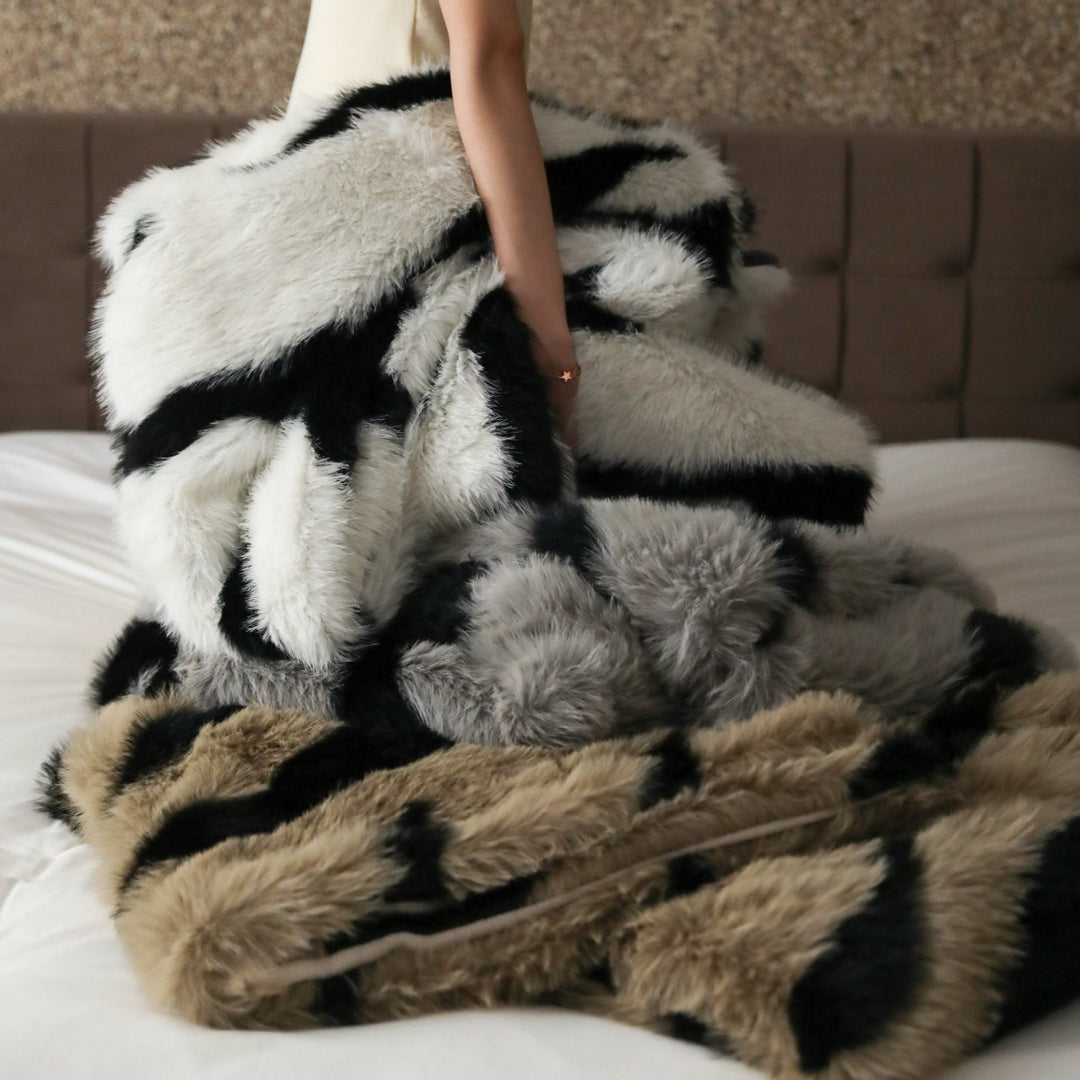 Faux fur bedspread with zebra design and extra fluffy texture