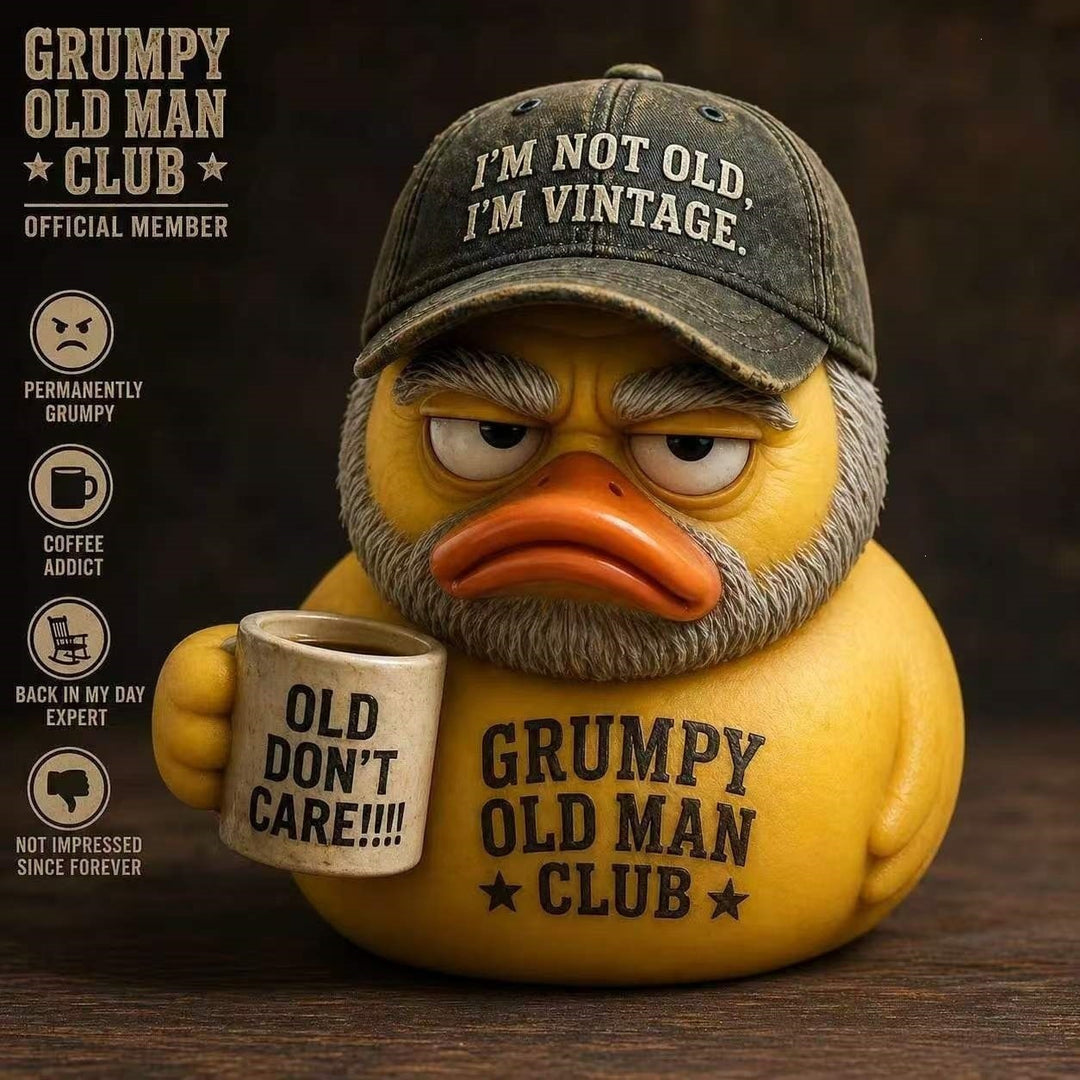 Funny rubber duck with vintage hat and cup Kalsten