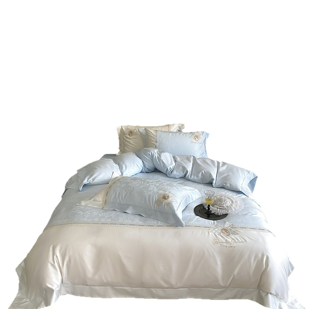 Luxurious satin bedding set with fine embroidery and pillowcases