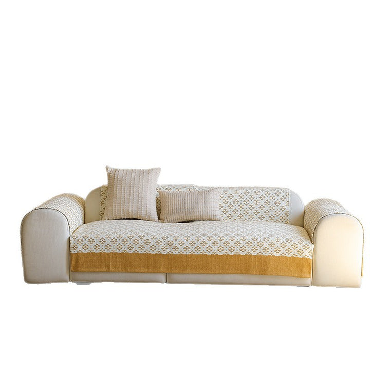 Sofa cover and sofa runner made of knitted cotton blend with non-slip edge