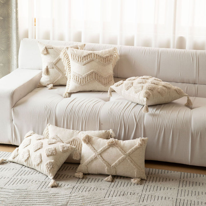Square Tufted Diamond Macramé Accent Pillow with Knotted Tassel Corners and Removable Zip Cover