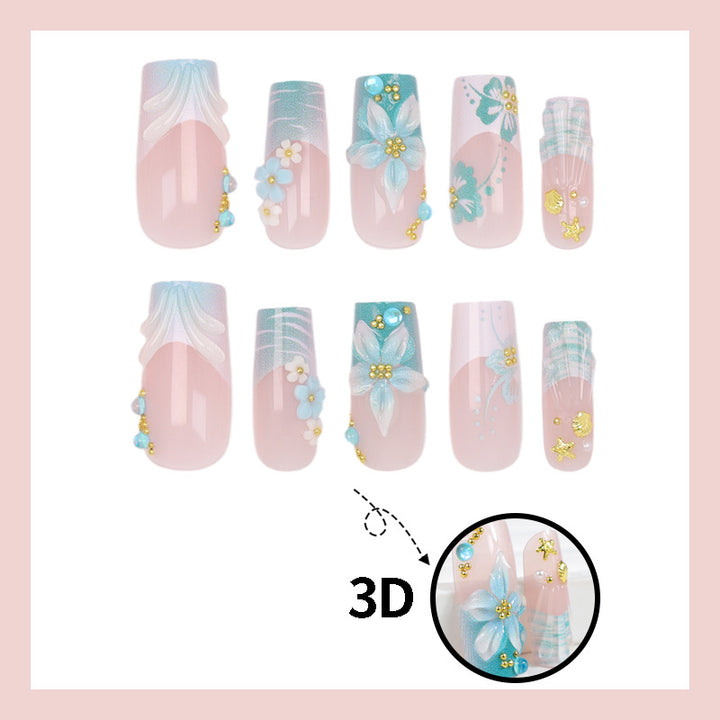 Acrylic nail set with elegant floral decorations and glitter accents Kalsten
