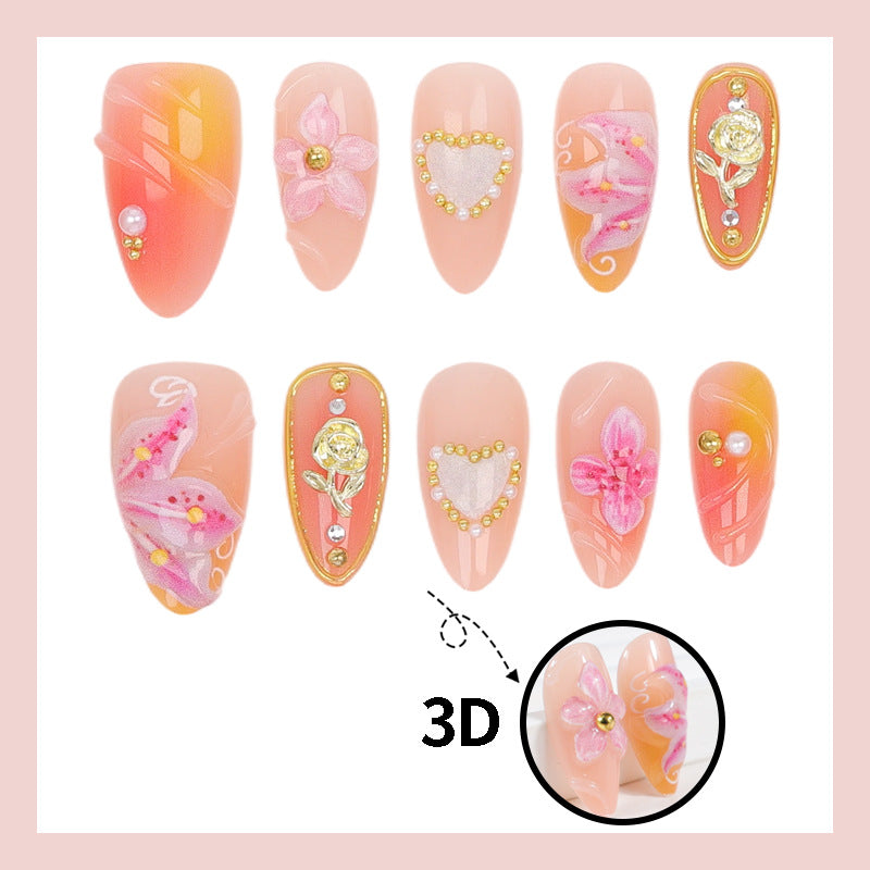 Artificial nail set with elegant floral decorations and glitter details Kalsten